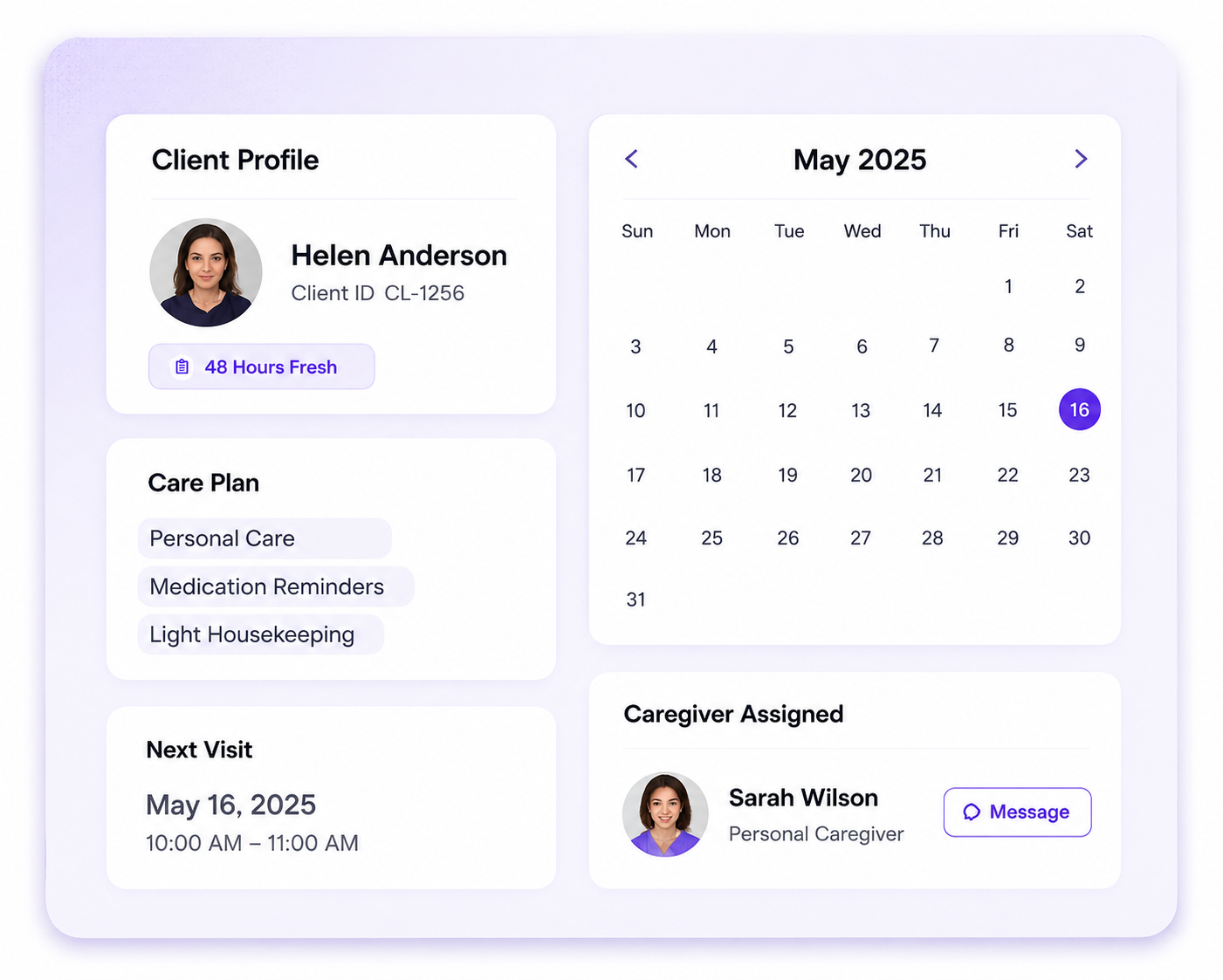 CRM client profile and scheduling dashboard